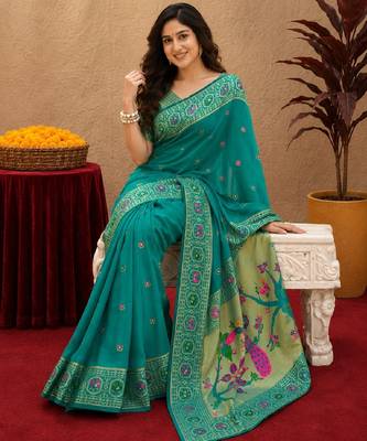 Teal green soft silk blend banarasi jacuard work pethani saree with unstitched blouse piece 1