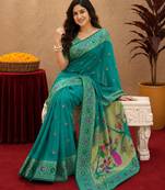 Teal green soft silk blend banarasi jacuard work pethani saree with unstitched blouse piece