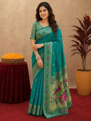 Teal green soft silk blend banarasi jacuard work pethani saree with unstitched blouse piece 2