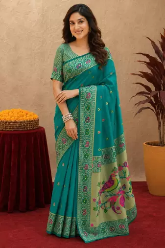 Teal green soft silk blend banarasi jacuard work pethani saree with unstitched blouse piece