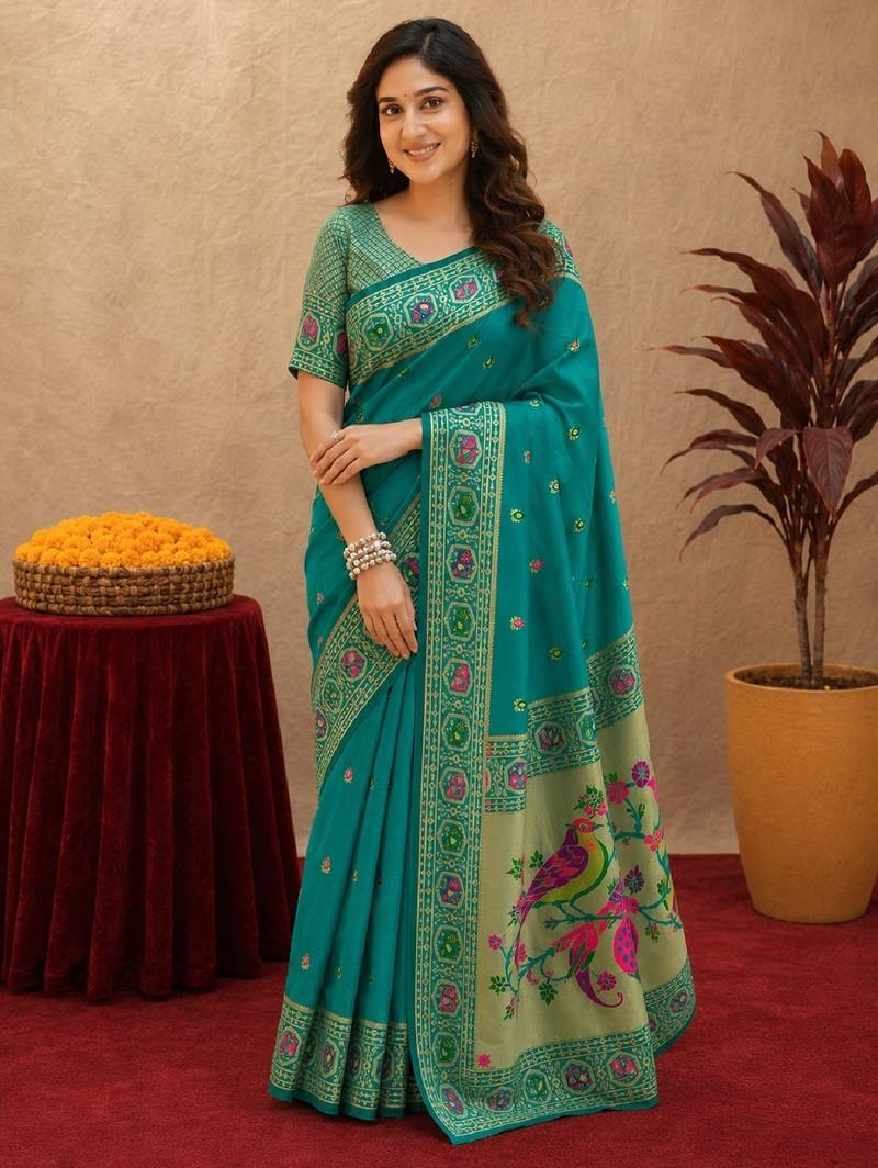 Teal green soft silk blend banarasi jacuard work pethani saree with unstitched blouse piece