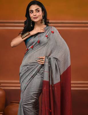 Grey cotton soft saree with pompom 5
