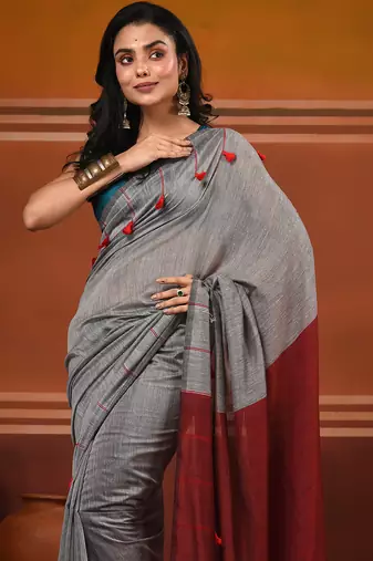 Grey cotton soft saree with pompom