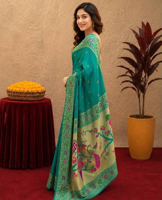 Teal green soft silk blend banarasi jacuard work pethani saree with unstitched blouse piece 3