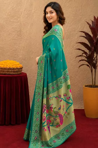 Teal green soft silk blend banarasi jacuard work pethani saree with unstitched blouse piece
