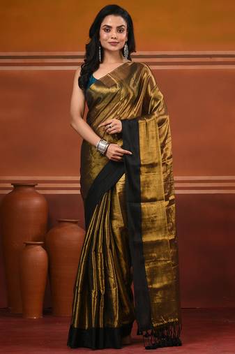 Golden tissue soft saree with pompom