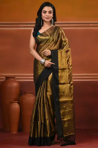 Golden tissue soft saree with pompom
