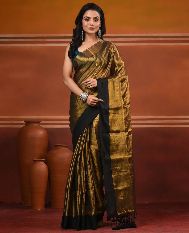 Golden tissue soft saree with pompom