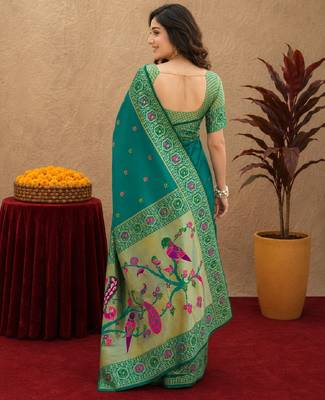 Teal green soft silk blend banarasi jacuard work pethani saree with unstitched blouse piece 4