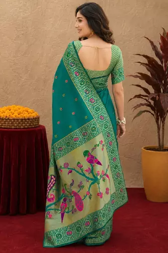 Teal green soft silk blend banarasi jacuard work pethani saree with unstitched blouse piece