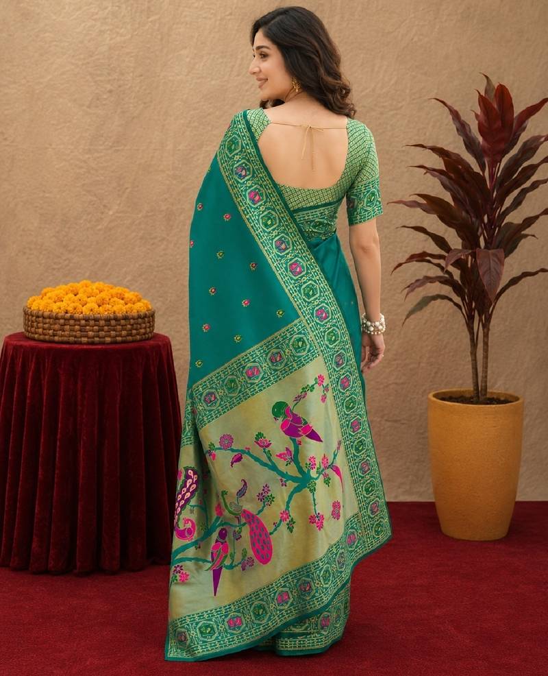 Teal green soft silk blend banarasi jacuard work pethani saree with unstitched blouse piece