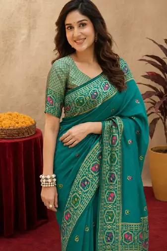Teal green soft silk blend banarasi jacuard work pethani saree with unstitched blouse piece