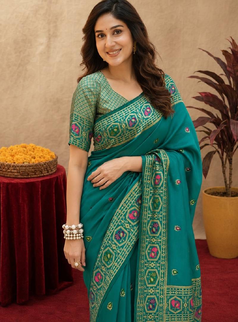 Teal green soft silk blend banarasi jacuard work pethani saree with unstitched blouse piece