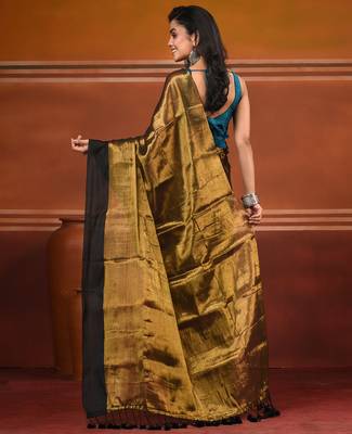Golden tissue soft saree with pompom 2