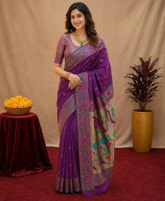 Purple soft silk blend banarasi jacuard work pethani saree with unstitched blouse piece 1