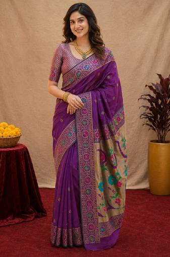 Purple soft silk blend banarasi jacuard work pethani saree with unstitched blouse piece