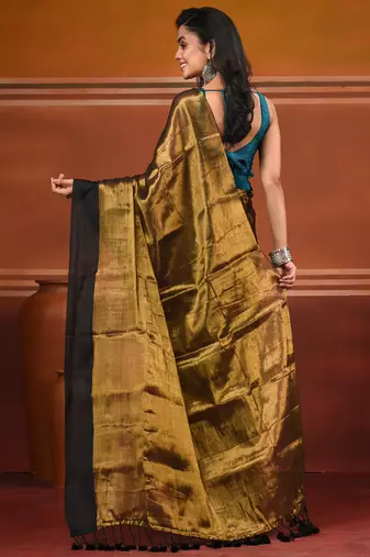 Golden tissue soft saree with pompom