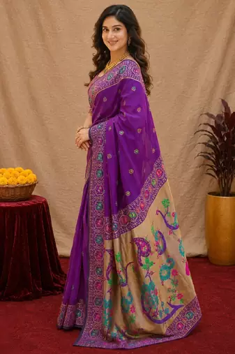Purple soft silk blend banarasi jacuard work pethani saree with unstitched blouse piece
