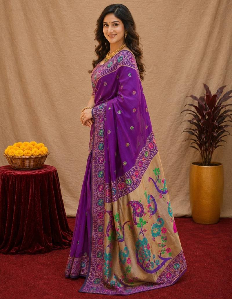 Purple soft silk blend banarasi jacuard work pethani saree with unstitched blouse piece