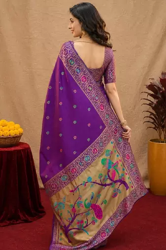 Purple soft silk blend banarasi jacuard work pethani saree with unstitched blouse piece