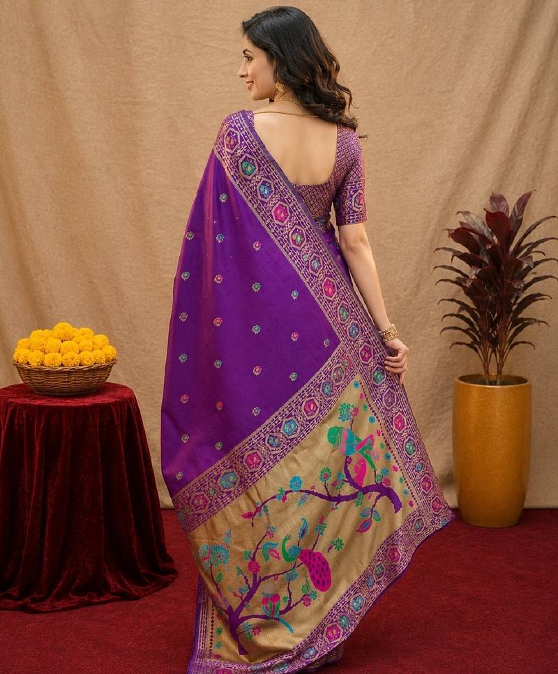 Purple soft silk blend banarasi jacuard work pethani saree with unstitched blouse piece