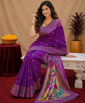 Purple soft silk blend banarasi jacuard work pethani saree with unstitched blouse piece 4