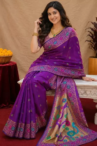 Purple soft silk blend banarasi jacuard work pethani saree with unstitched blouse piece