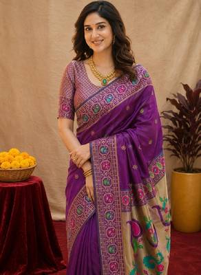 Purple soft silk blend banarasi jacuard work pethani saree with unstitched blouse piece 5