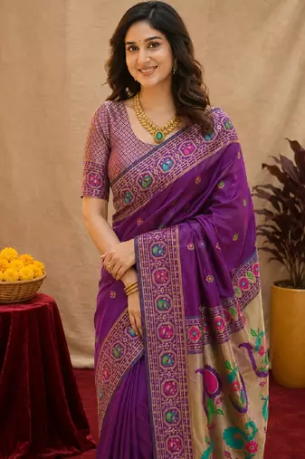 Purple soft silk blend banarasi jacuard work pethani saree with unstitched blouse piece