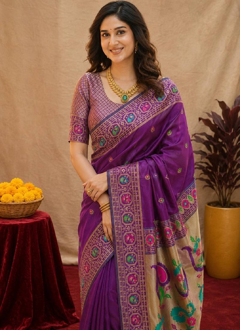 Purple soft silk blend banarasi jacuard work pethani saree with unstitched blouse piece