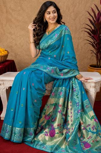 Aqua soft silk blend banarasi jacuard work pethani saree with unstitched blouse piece