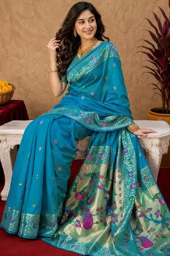 Aqua soft silk blend banarasi jacuard work pethani saree with unstitched blouse piece