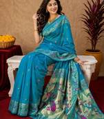 Aqua soft silk blend banarasi jacuard work pethani saree with unstitched blouse piece