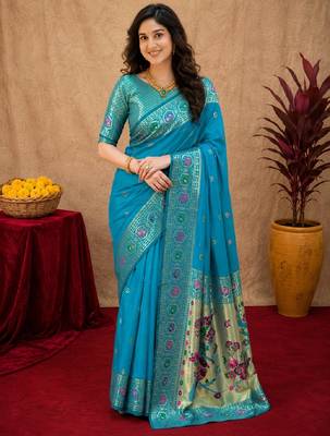 Aqua soft silk blend banarasi jacuard work pethani saree with unstitched blouse piece 2