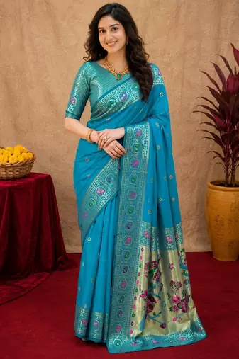 Aqua soft silk blend banarasi jacuard work pethani saree with unstitched blouse piece