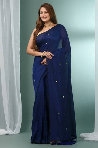 Blue pure cotton soft saree with sequined work