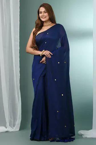 Blue pure cotton soft saree with sequined work