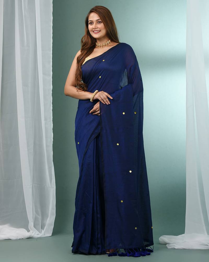 Blue pure cotton soft saree with sequined work