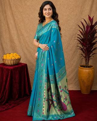 Aqua soft silk blend banarasi jacuard work pethani saree with unstitched blouse piece 3