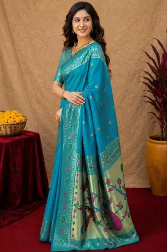 Aqua soft silk blend banarasi jacuard work pethani saree with unstitched blouse piece