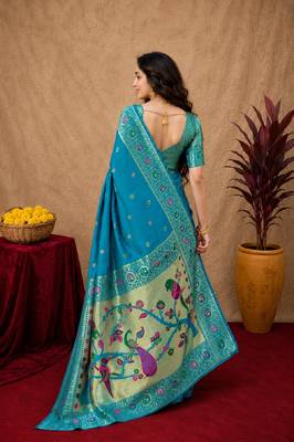 Aqua soft silk blend banarasi jacuard work pethani saree with unstitched blouse piece 4