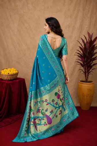 Aqua soft silk blend banarasi jacuard work pethani saree with unstitched blouse piece