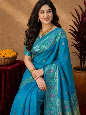 Aqua soft silk blend banarasi jacuard work pethani saree with unstitched blouse piece 5