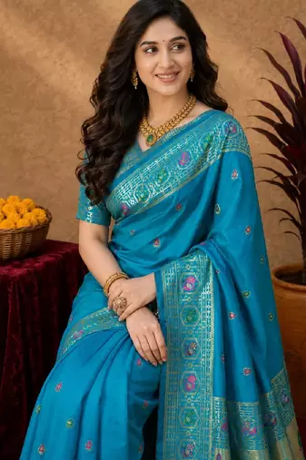 Aqua soft silk blend banarasi jacuard work pethani saree with unstitched blouse piece