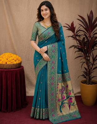 Rama soft silk blend banarasi jacuard work pethani saree with unstitched blouse piece 1