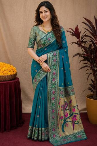 Rama soft silk blend banarasi jacuard work pethani saree with unstitched blouse piece