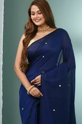 Blue pure cotton soft saree with sequined work