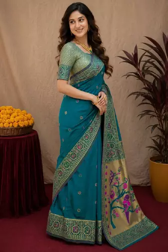 Rama soft silk blend banarasi jacuard work pethani saree with unstitched blouse piece