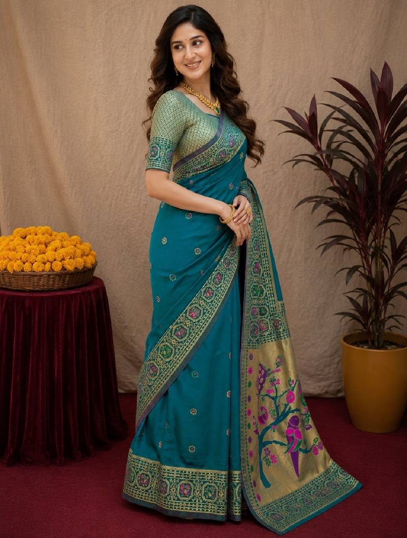 Rama soft silk blend banarasi jacuard work pethani saree with unstitched blouse piece