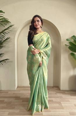 green coloer Zari All Over Pichwai Pattern Tilak Butti Motifs tissue saree 1